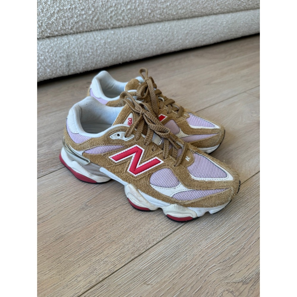 New Balance 9060 Tan Pink Red Suede Chunky Dad Sneakers Womens US 7.5 - Picture 5 of 12